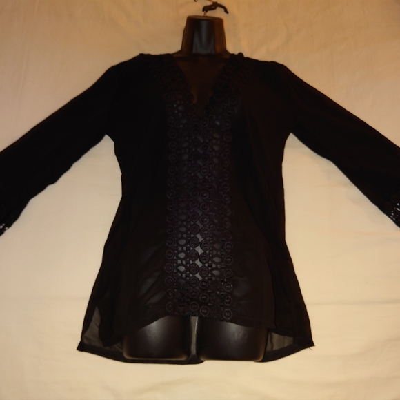 NWOT Sheer Black Swim Cover-up Tunic Designer Eyelet Lace Plunge Top S / M, 4, 6 - Picture 6 of 8
